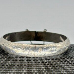 Vintage Etched Bangle Bracelet, Sterling Silver With Safety Chain, Marked ".925"
